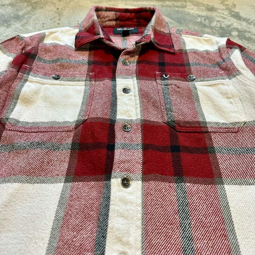 True Religion Shirt Mens S Red White Plaid Flannel Heavy Button Up Western Ranch